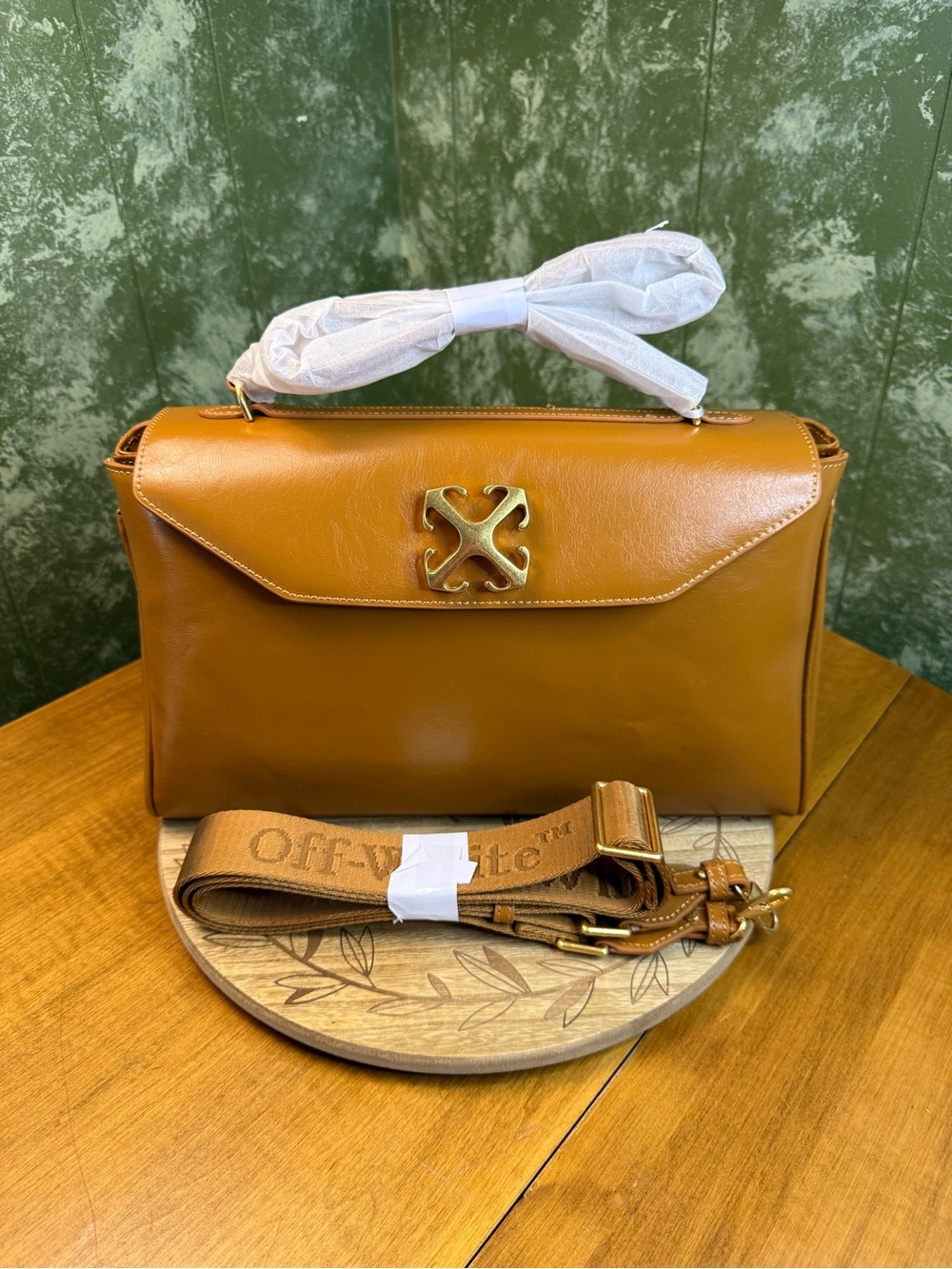 Off-White Camel Leather Shoulder Bag with Gold Hardware